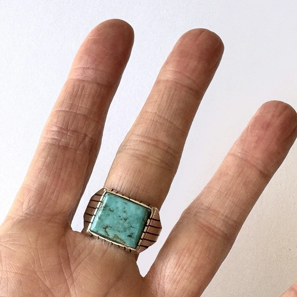 Navajo Turquoise Mens Ring Sz 12 Rectangle Signed Jack Sterling 14mm‎